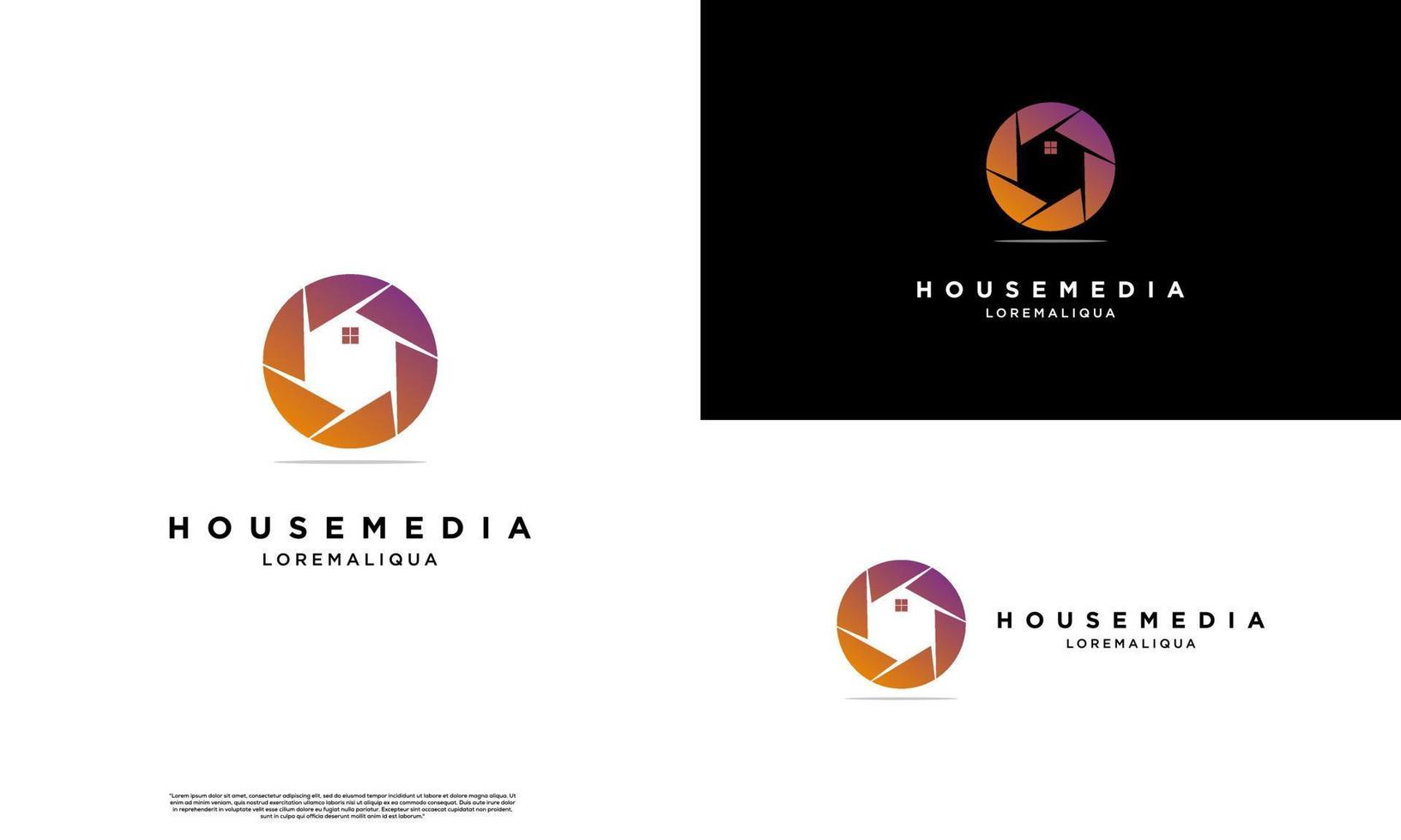 concepto moderno de diseño de logotipo de medios de casa, casa con logotipo de cámara, color degradado vector