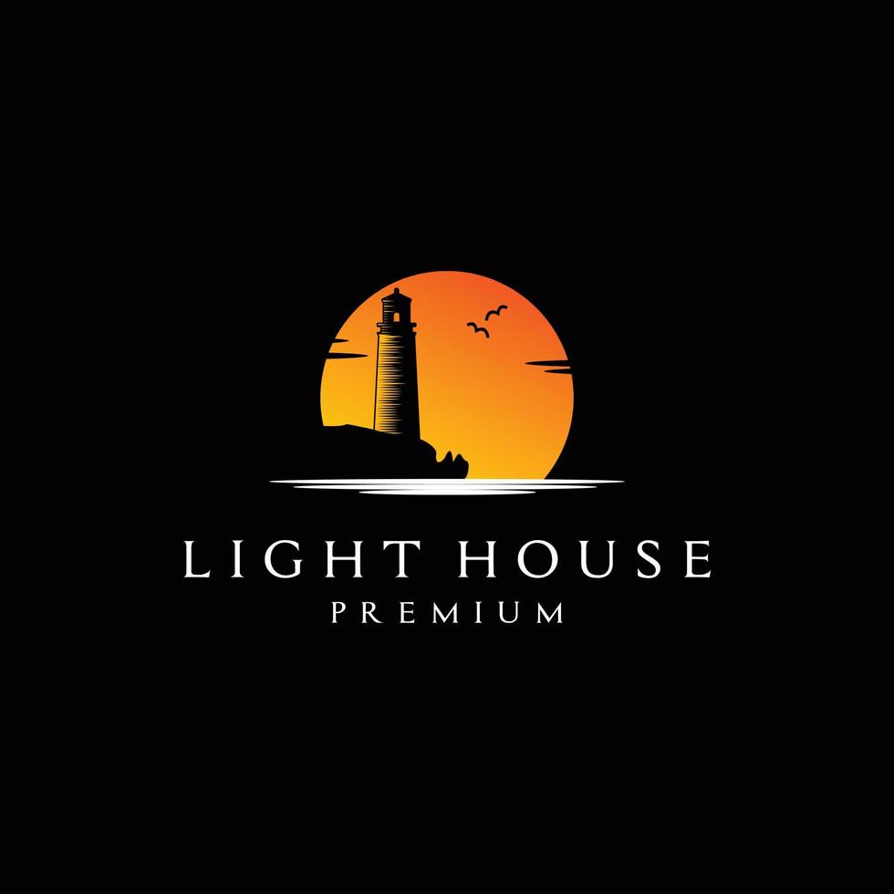 Lighthouse Searchlight Beacon Tower Island Beach Coast Silhouette with sunset or sunrise logo vector