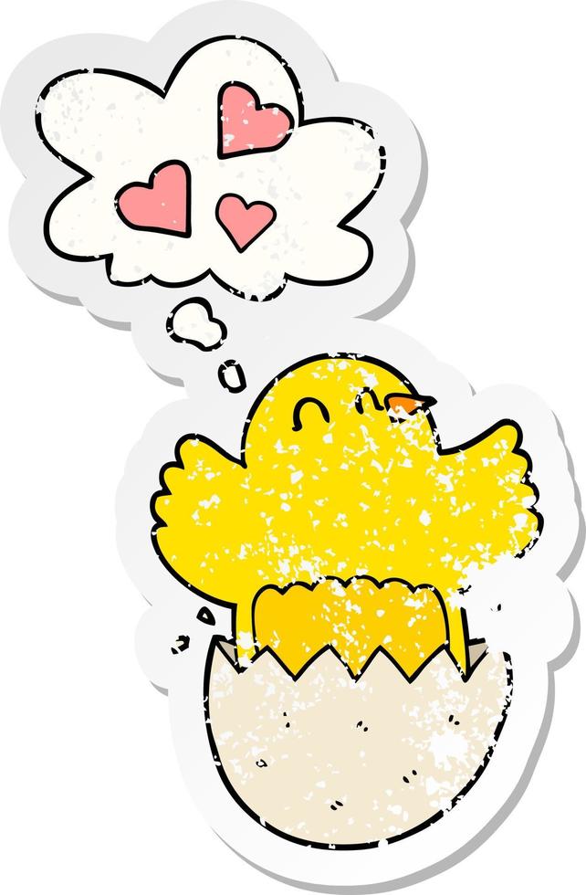 cute hatching chick cartoon and thought bubble as a distressed worn sticker vector