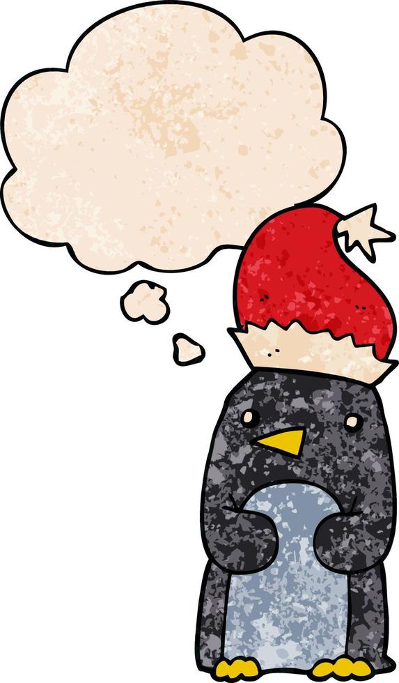 cute christmas penguin and thought bubble in grunge texture pattern style vector