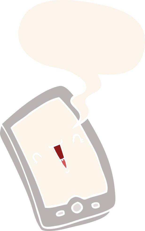 cute cartoon mobile phone and speech bubble in retro style vector