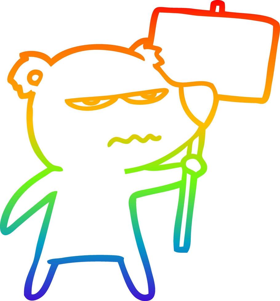 rainbow gradient line drawing angry bear cartoon holding placard vector