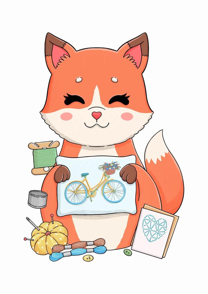 Little fox with embroidery, pillow, bicycle vector illustration