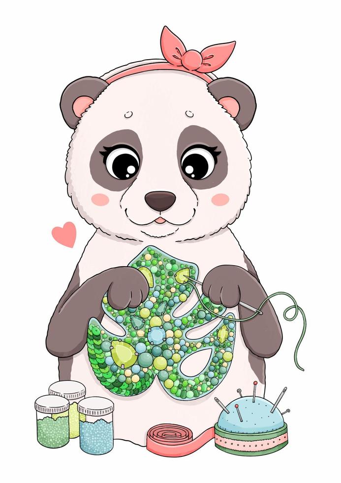 pequeño panda lindo con bordado, vector de broche monstera