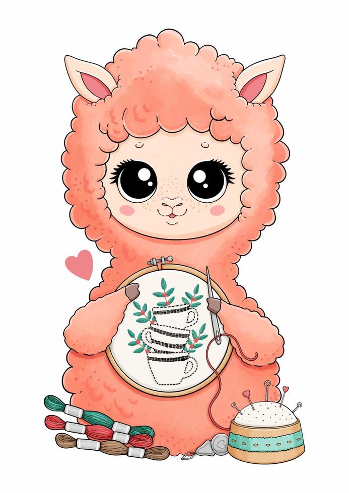 linda pequeña alpaca con accesorio de bordado, vector de taza