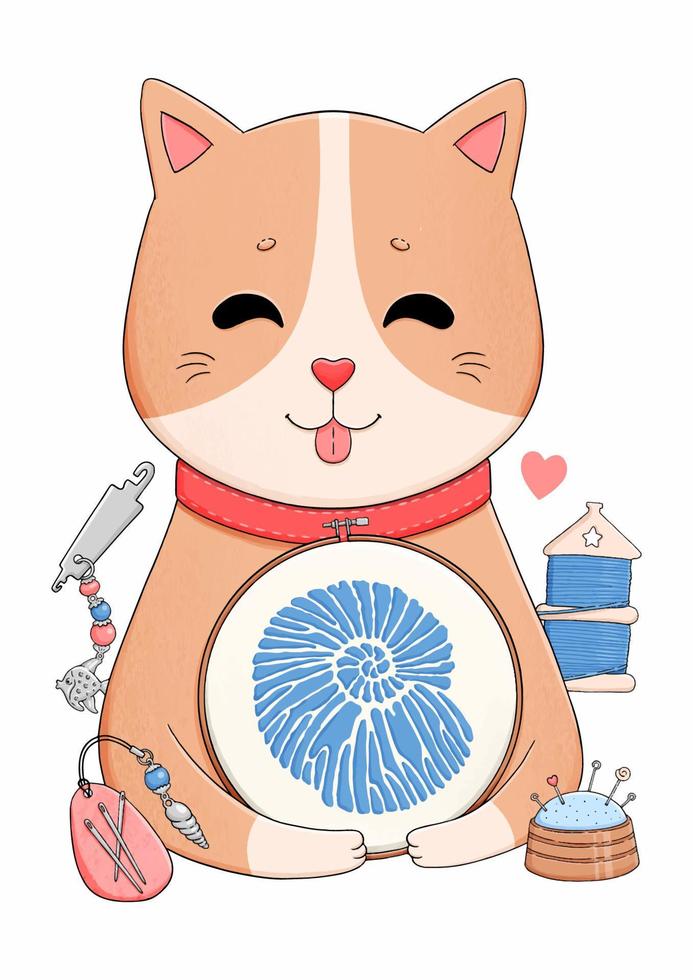 Cat with embroidery, seashell, sewing vector illustration