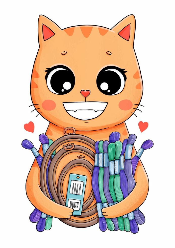 Cute orange cat with many embroidery accessories vector illustration