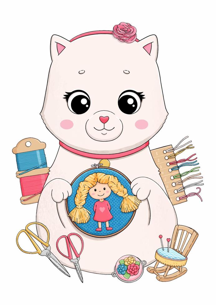 gato blanco con bordado, niña, arco, accesorios de costura ilustración vectorial vector