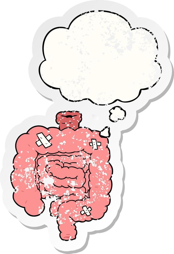 cartoon repaired intestines and thought bubble as a distressed worn sticker vector