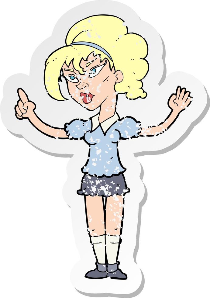 retro distressed sticker of a cartoon woman with idea vector