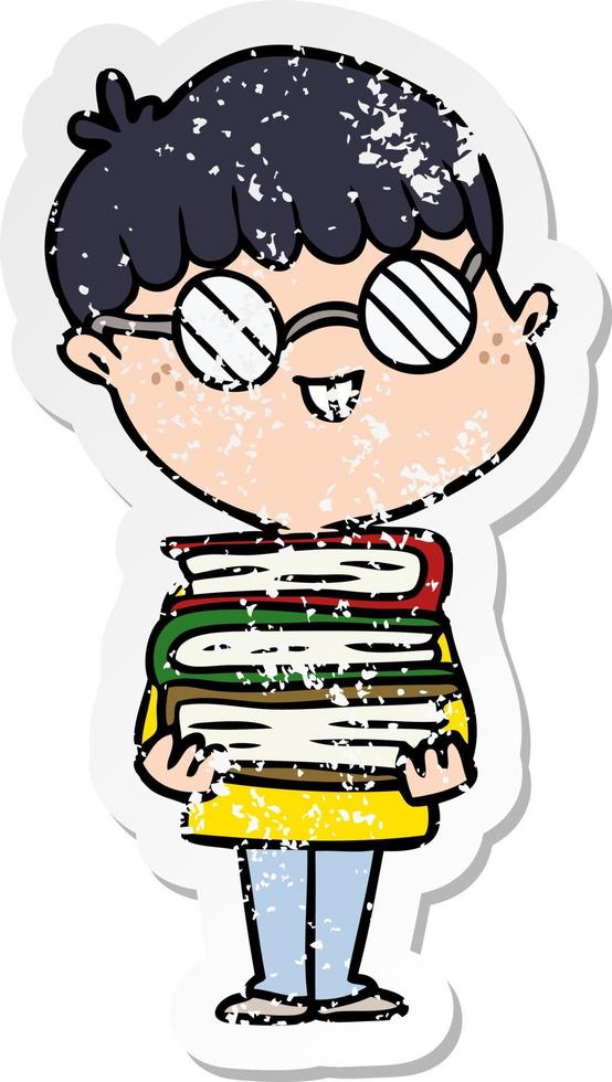 distressed sticker of a cartoon nerd boy with spectacles and book vector