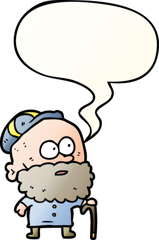 old cartoon man and walking stick and flat cap and speech bubble in smooth gradient style vector