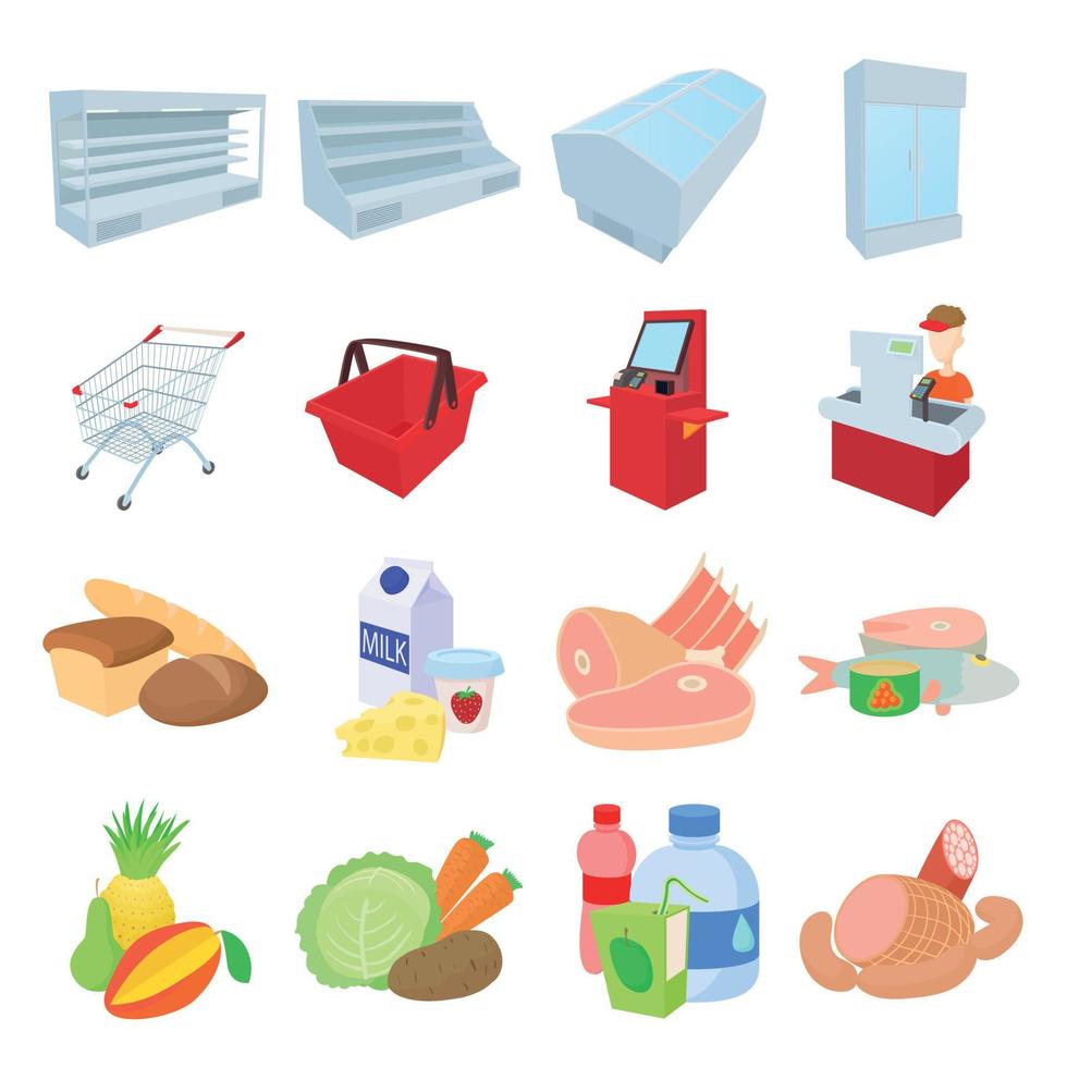 Supermarket icons set, cartoon style vector