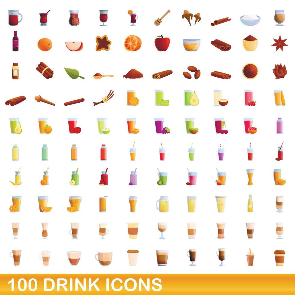 100 iconos de bebidas, estilo de dibujos animados vector