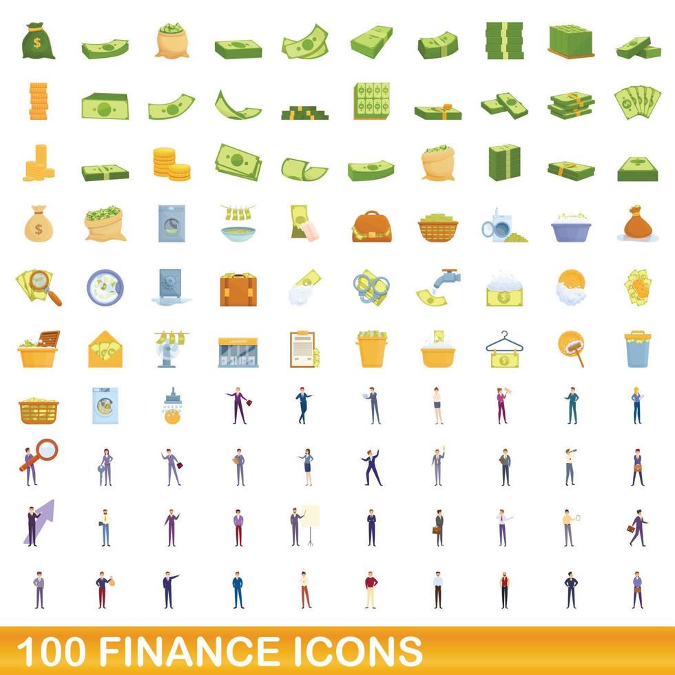 100 finance icons set, cartoon style vector