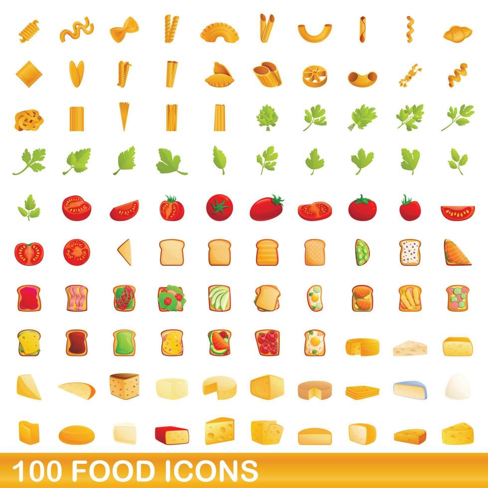 100 food icons set, cartoon style vector