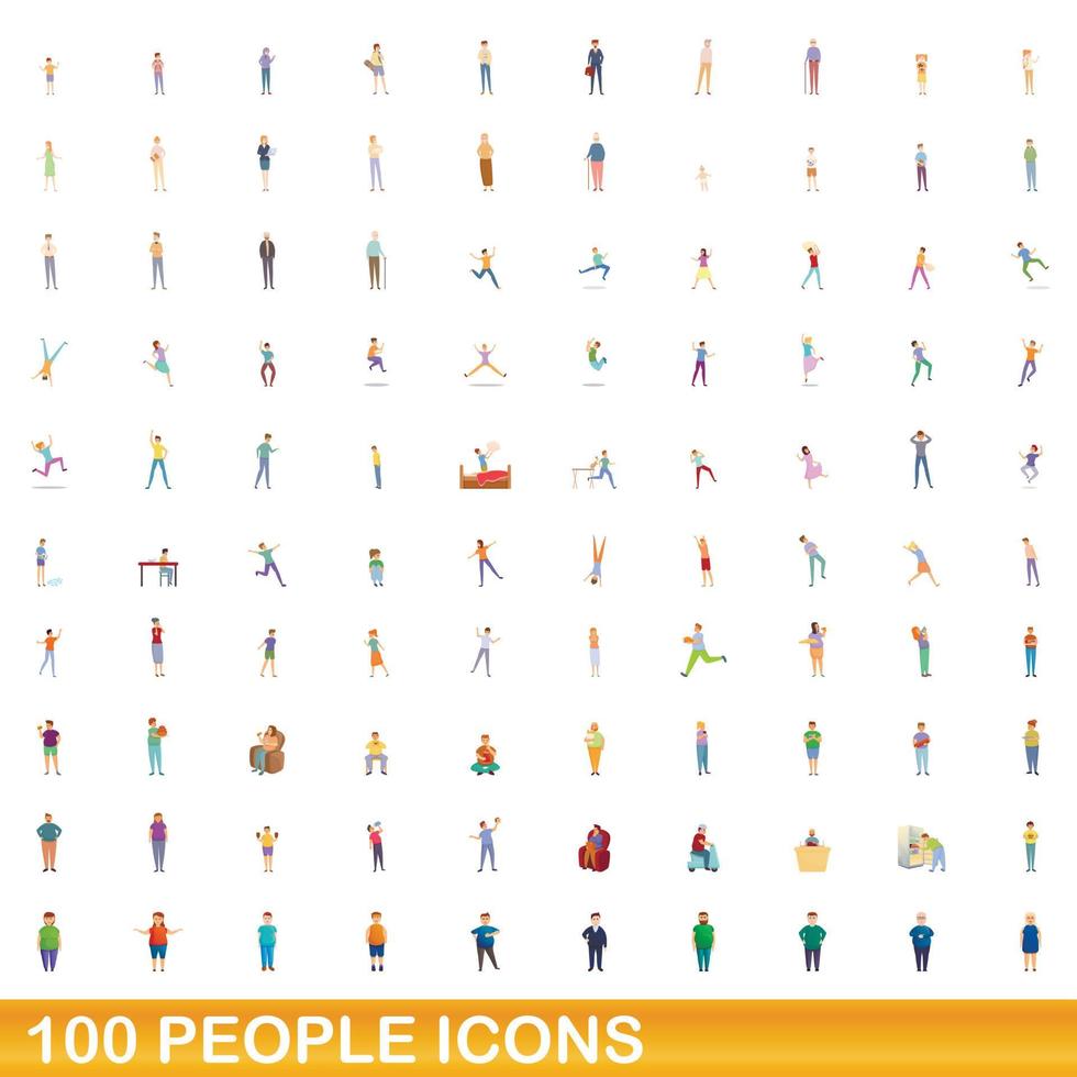 100 personas, conjunto de iconos de estilo de dibujos animados vector