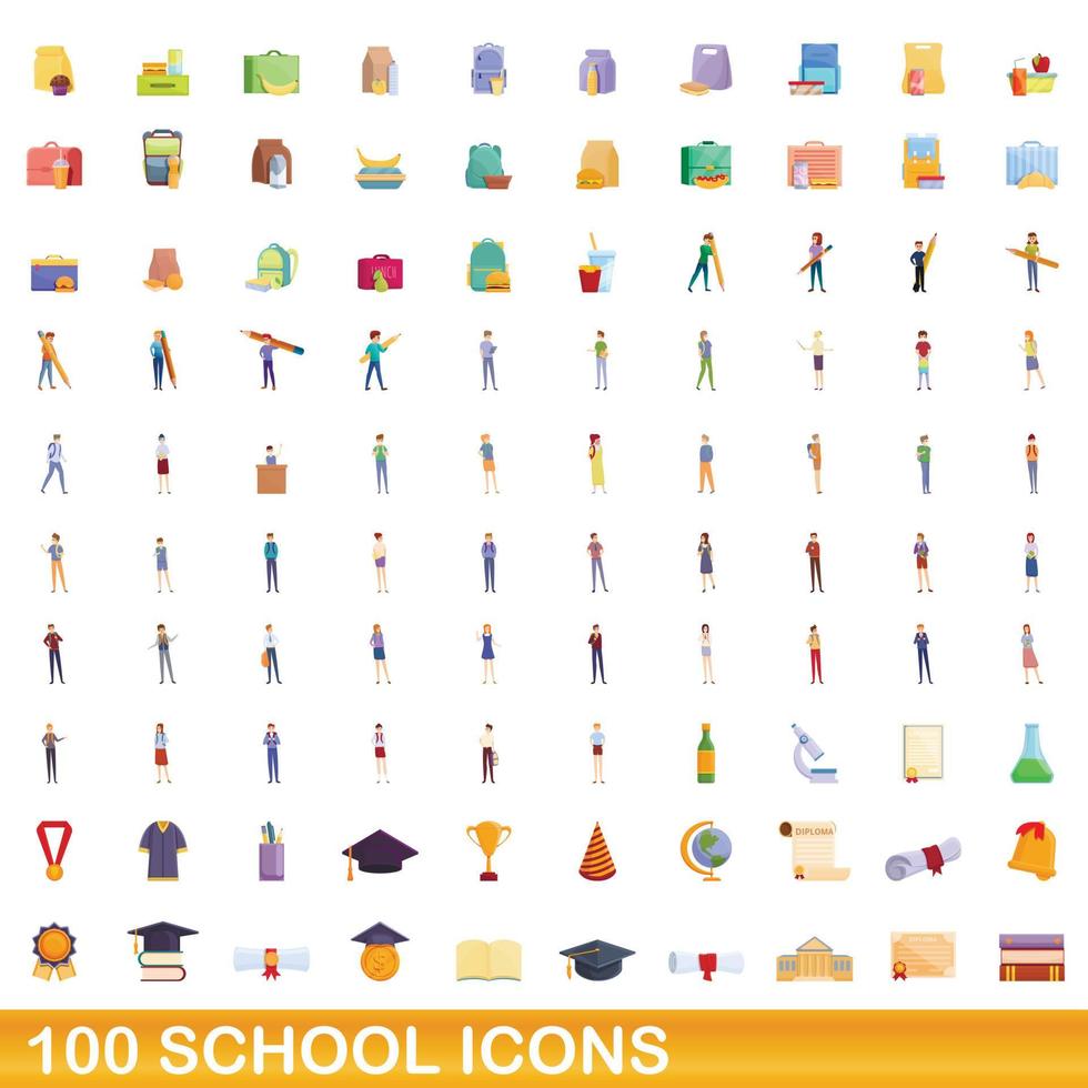 100 escuela, conjunto de iconos de estilo de dibujos animados vector