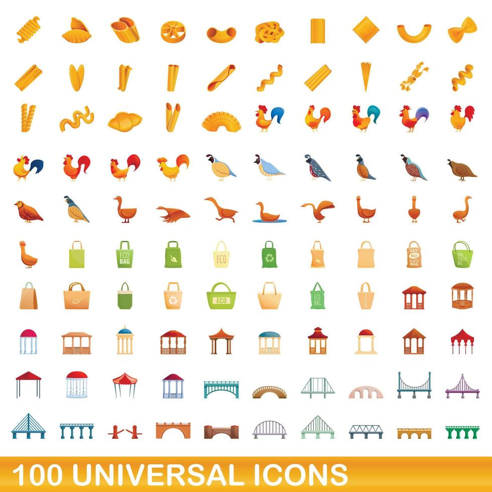 100 iconos universales, estilo de dibujos animados vector