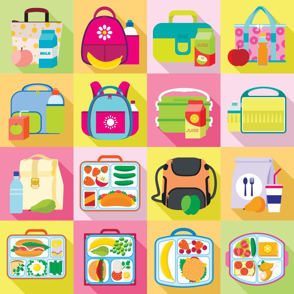 Lunchbox icons set, flat style vector