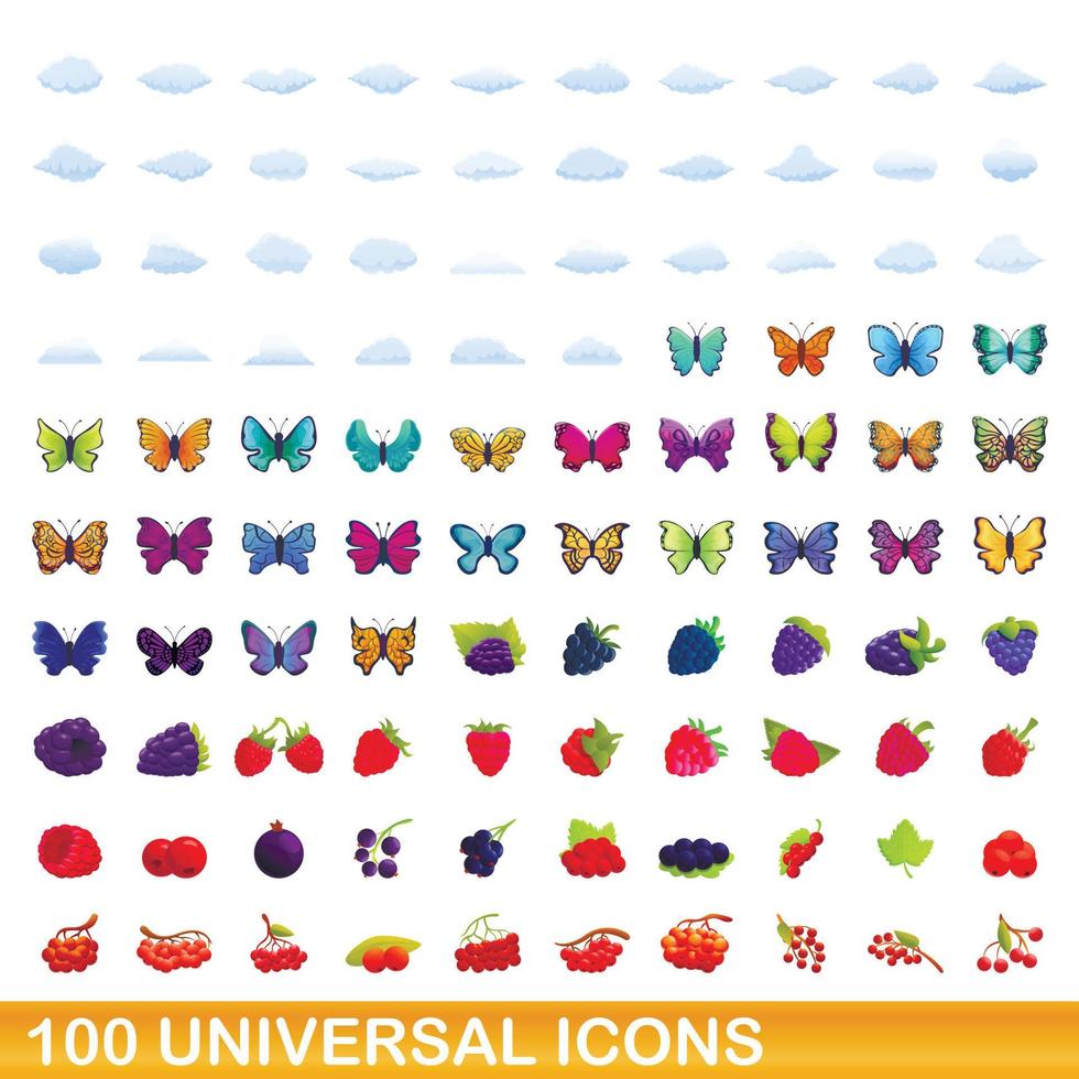 100 iconos universales, estilo de dibujos animados vector