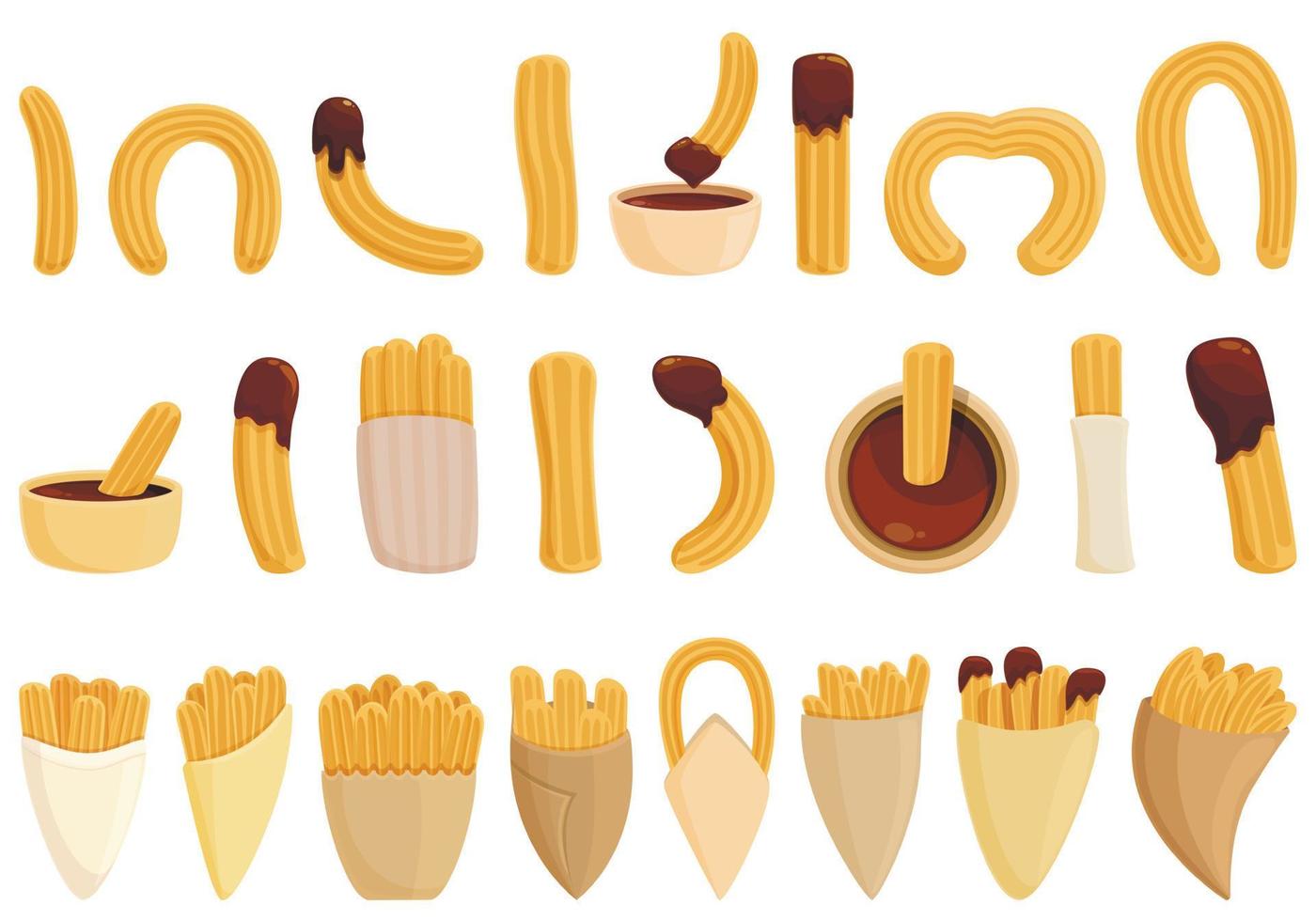 Churros icons set cartoon vector. Mexican chocolate vector