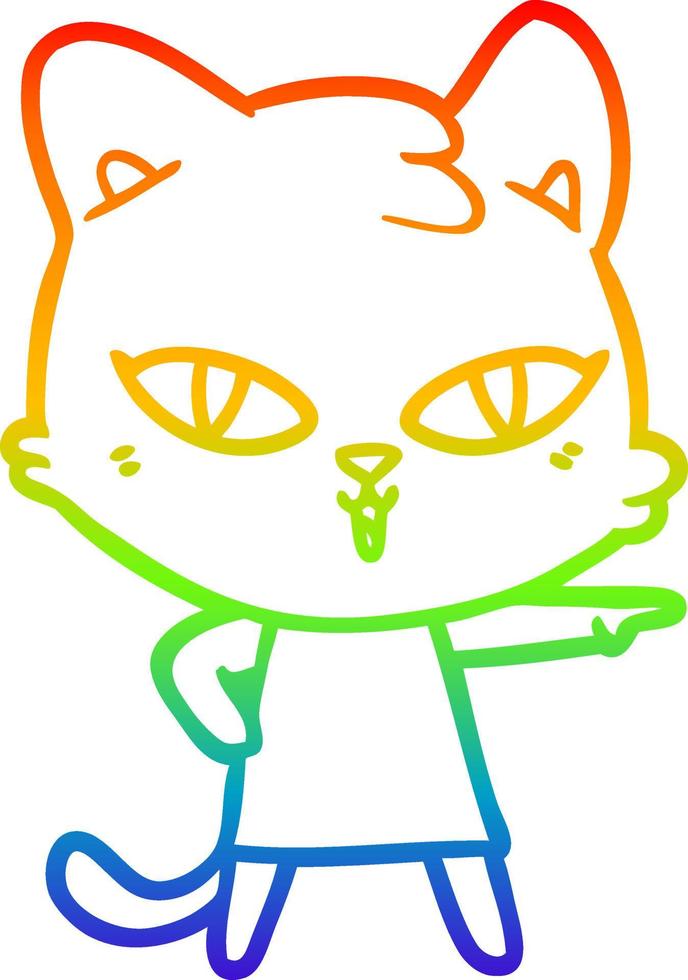 rainbow gradient line drawing cartoon cat in dress pointing vector