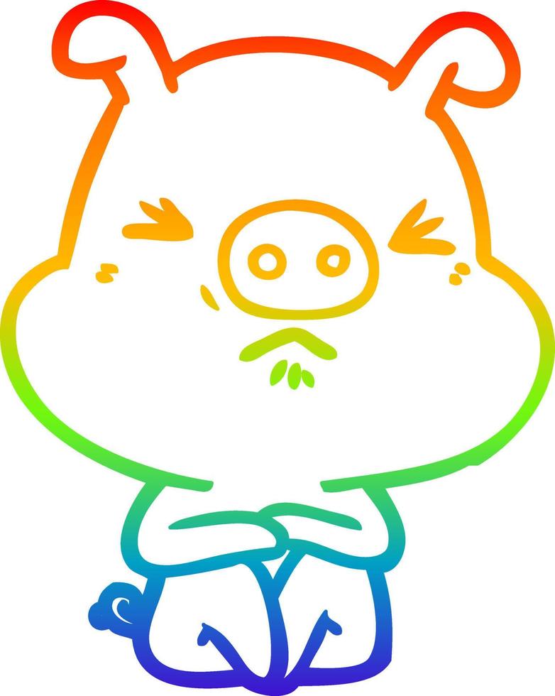 rainbow gradient line drawing cartoon angry pig sat waiting vector