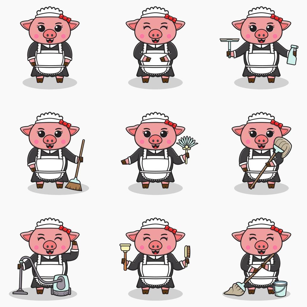 Vector illustration of cute Pig with maid uniform. Animal character design. Pig with cleaning equipment. Set of cute Pig characters.
