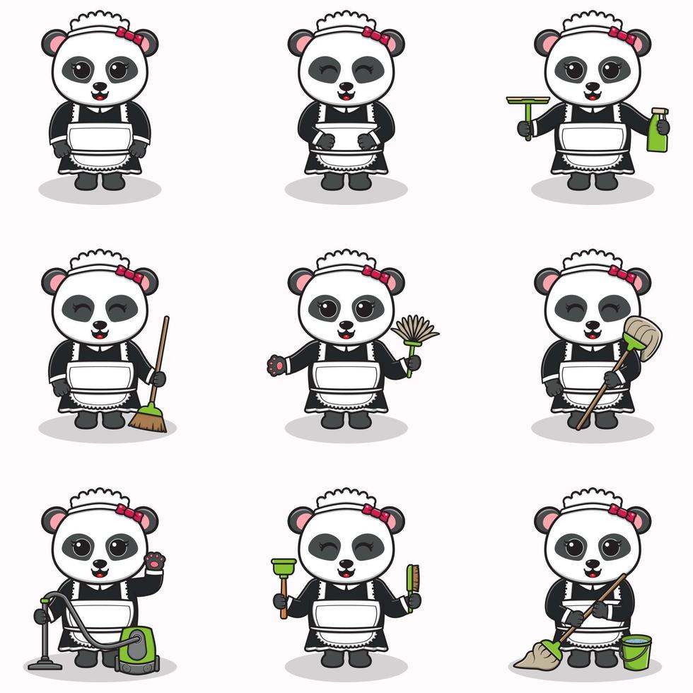 Vector illustration of cute Panda with maid uniform. Animal character design. Panda with cleaning equipment. Set of cute Panda characters.