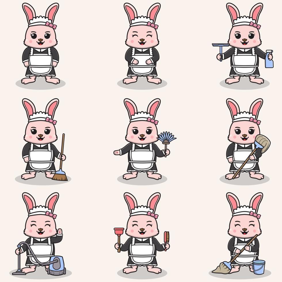 Vector illustration of cute Rabbit with maid uniform. Animal character design. Rabbit with cleaning equipment. Set of cute Rabbit characters.