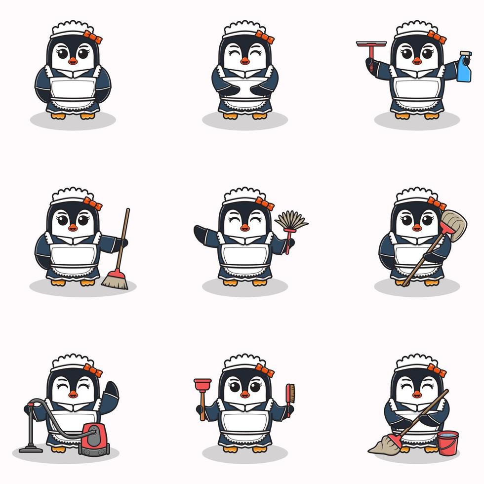 Vector illustration of cute Penguin with maid uniform. Animal character design. Penguin with cleaning equipment. Set of cute Penguin characters.