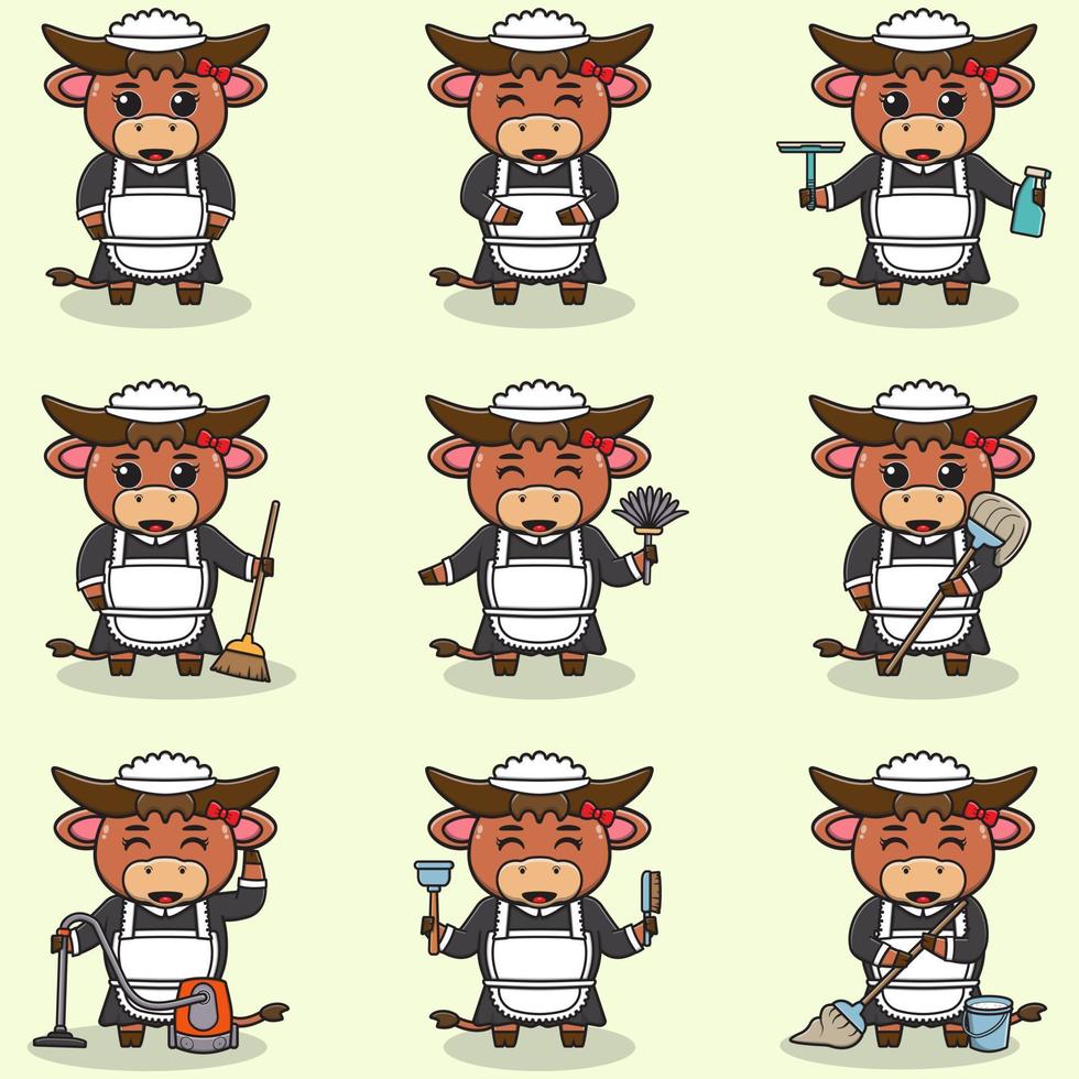 Vector illustration of cute Buffalo with maid uniform. Animal character design. Buffalo with cleaning equipment. Set of cute Buffalo characters.