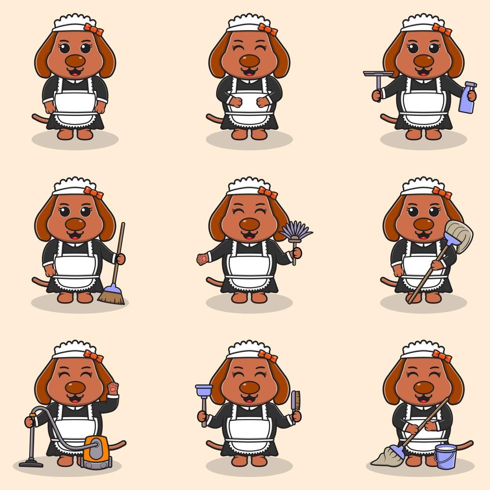 ilustración vectorial de un lindo perro con uniforme de sirvienta. diseño de personajes animales. perro con equipo de limpieza. conjunto de lindos personajes de perros. vector