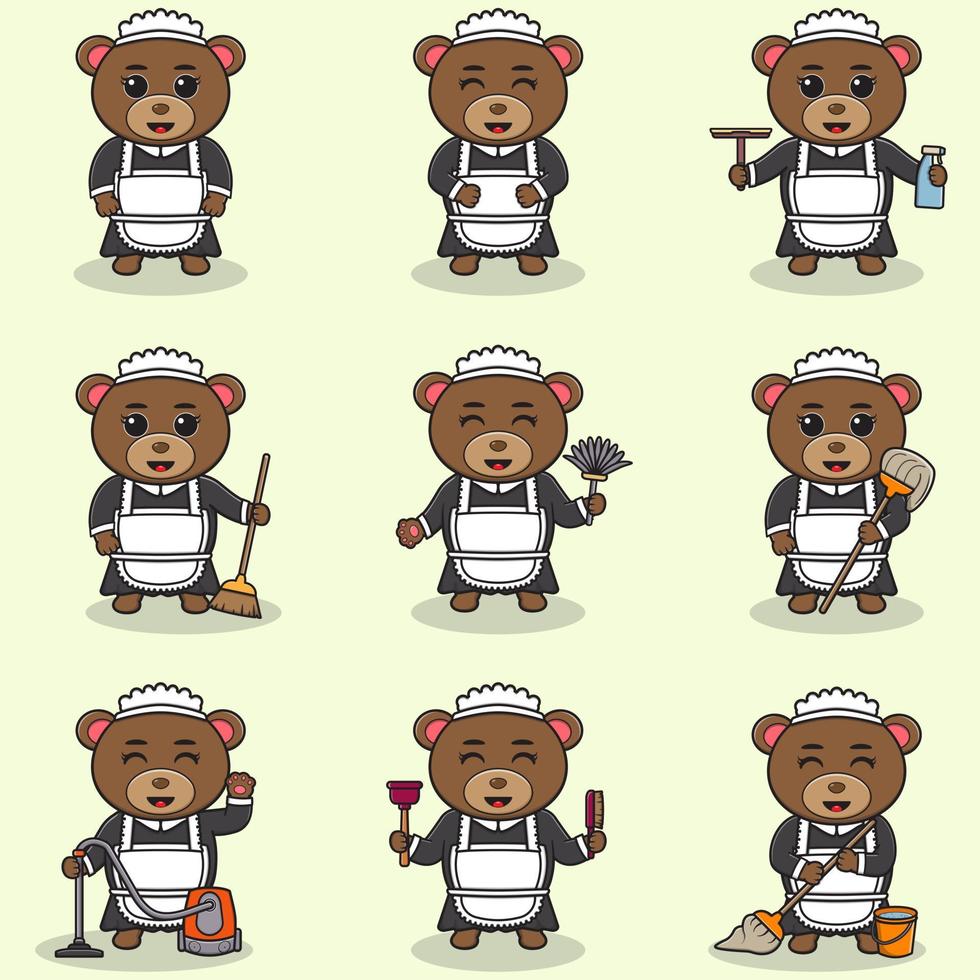 Vector illustration of cute Bear with maid uniform. Animal character design. Bear with cleaning equipment. Set of cute Bear characters.