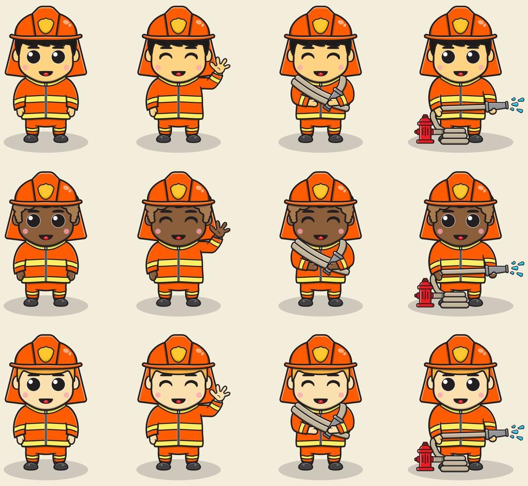 Boy Firefighter cartoon set vector