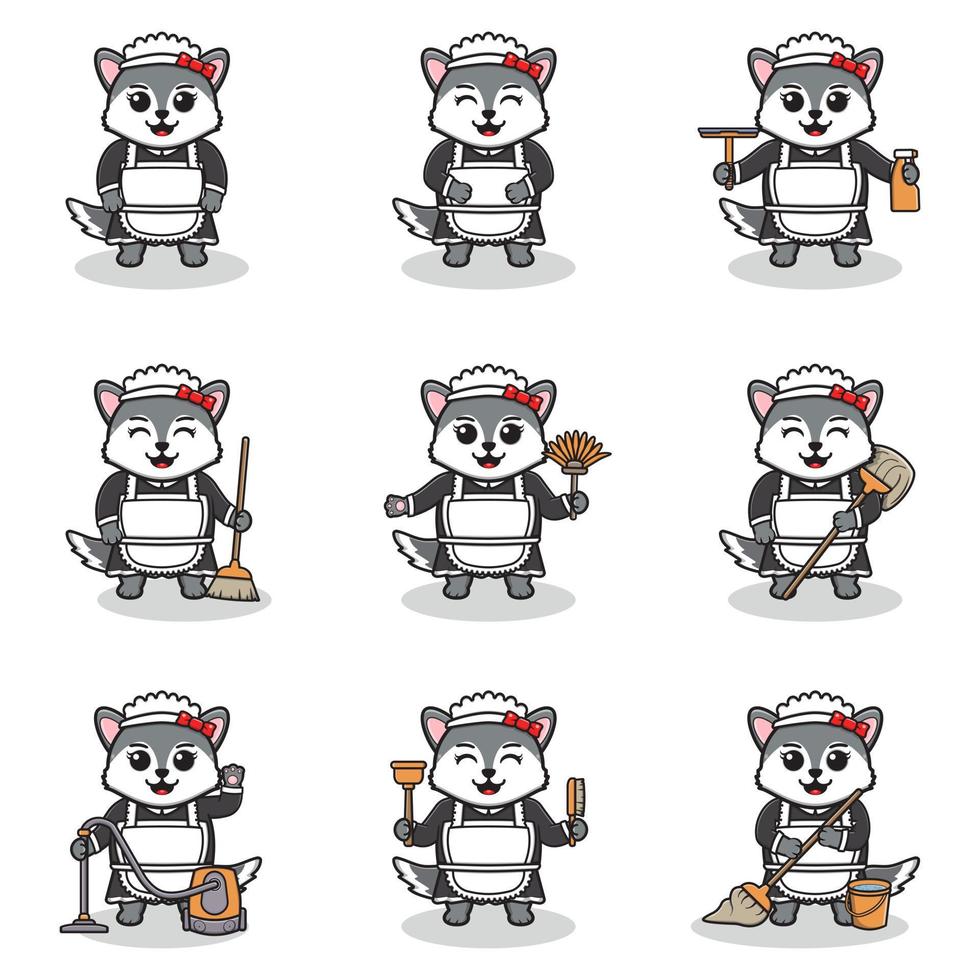 Vector illustration of cute Wolf with maid uniform. Animal character design. Wolf with cleaning equipment. Set of cute Wolf characters.