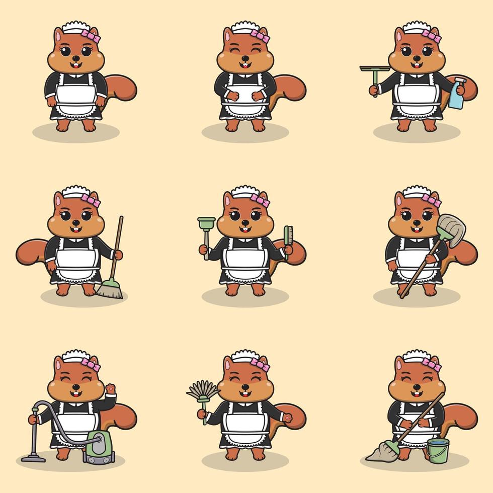 Vector illustration of cute Squirrel with maid uniform. Animal character design. Squirrel with cleaning equipment. Set of cute Squirrel characters.
