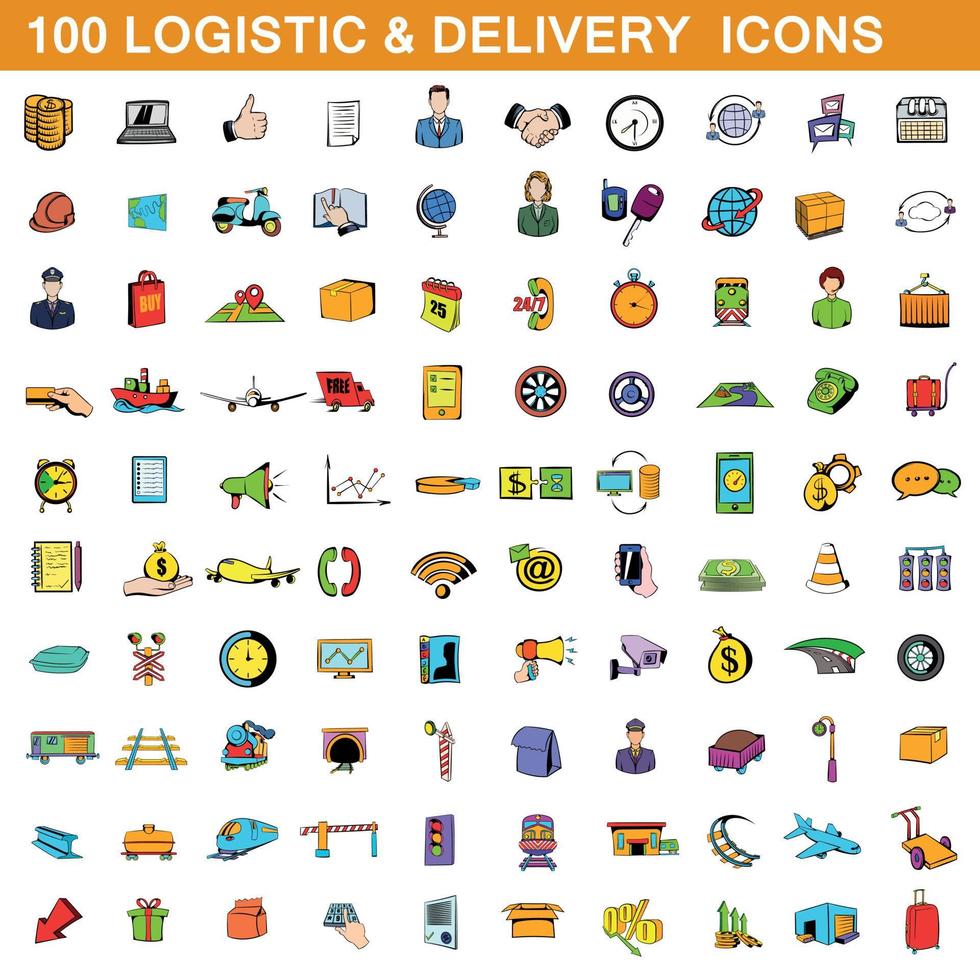 100 logistic and delivery icons set, cartoon style vector