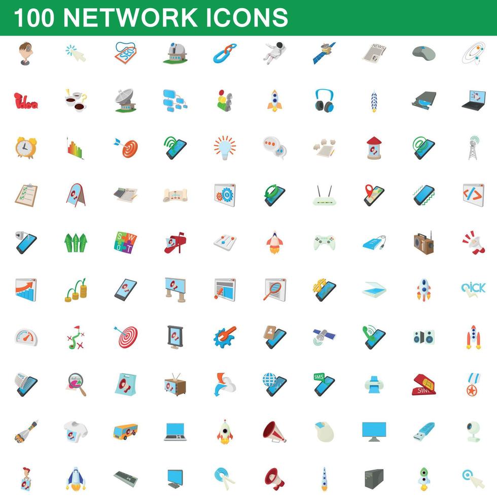 100 network icons set, cartoon style vector