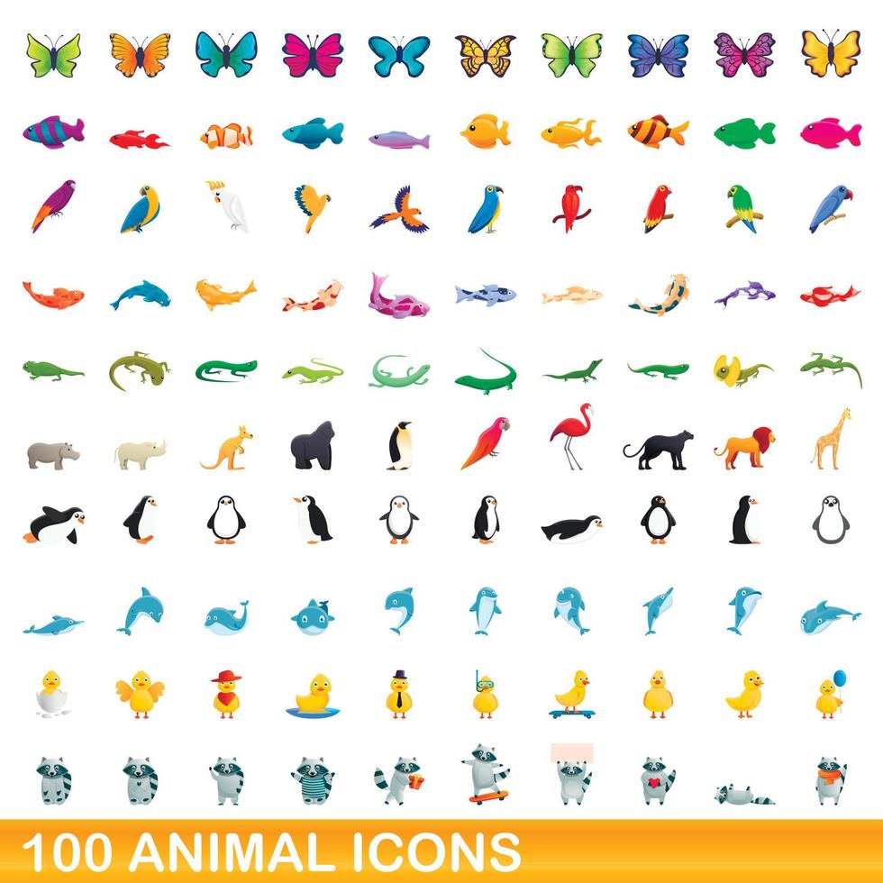 100 animales, conjunto de iconos de estilo de dibujos animados vector