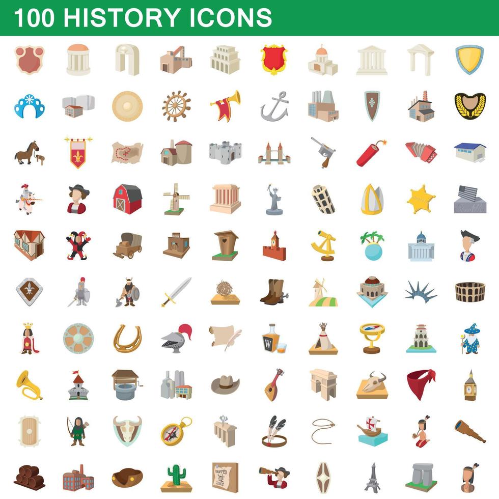 100 history icons set, cartoon style vector