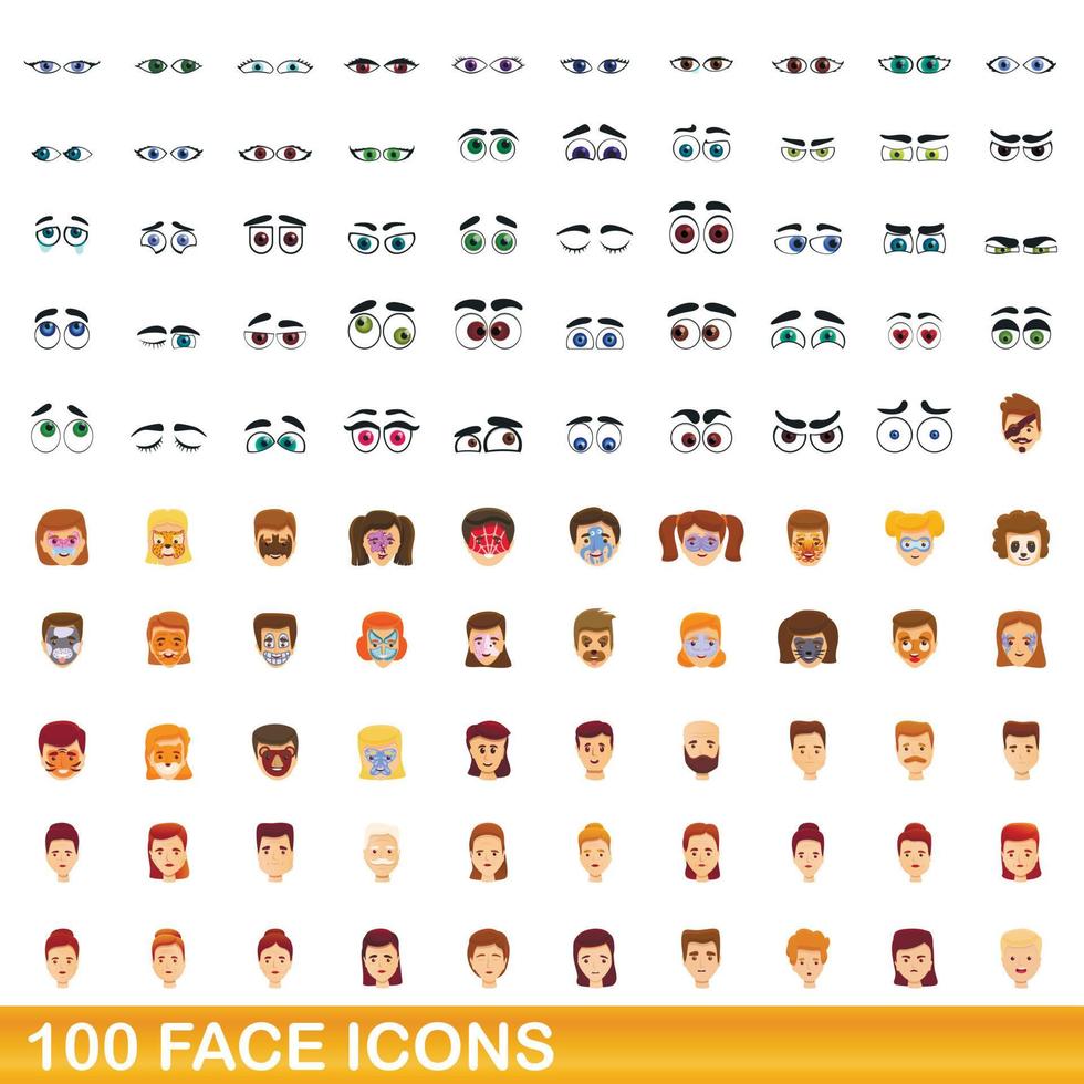 100 iconos de cara, estilo de dibujos animados vector