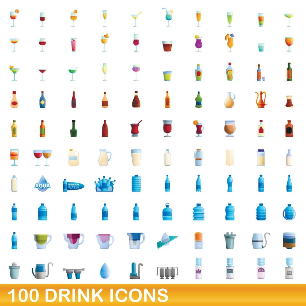 100 drink icons set, cartoon style vector