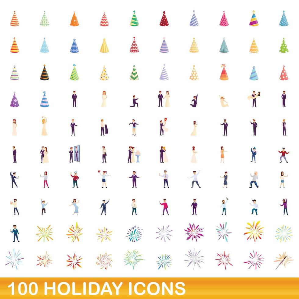 100 iconos de vacaciones, estilo de dibujos animados vector