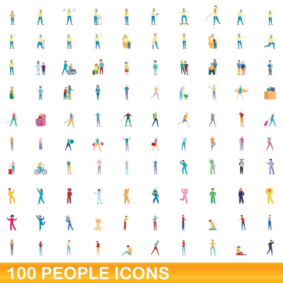 100 people icons set, cartoon style vector