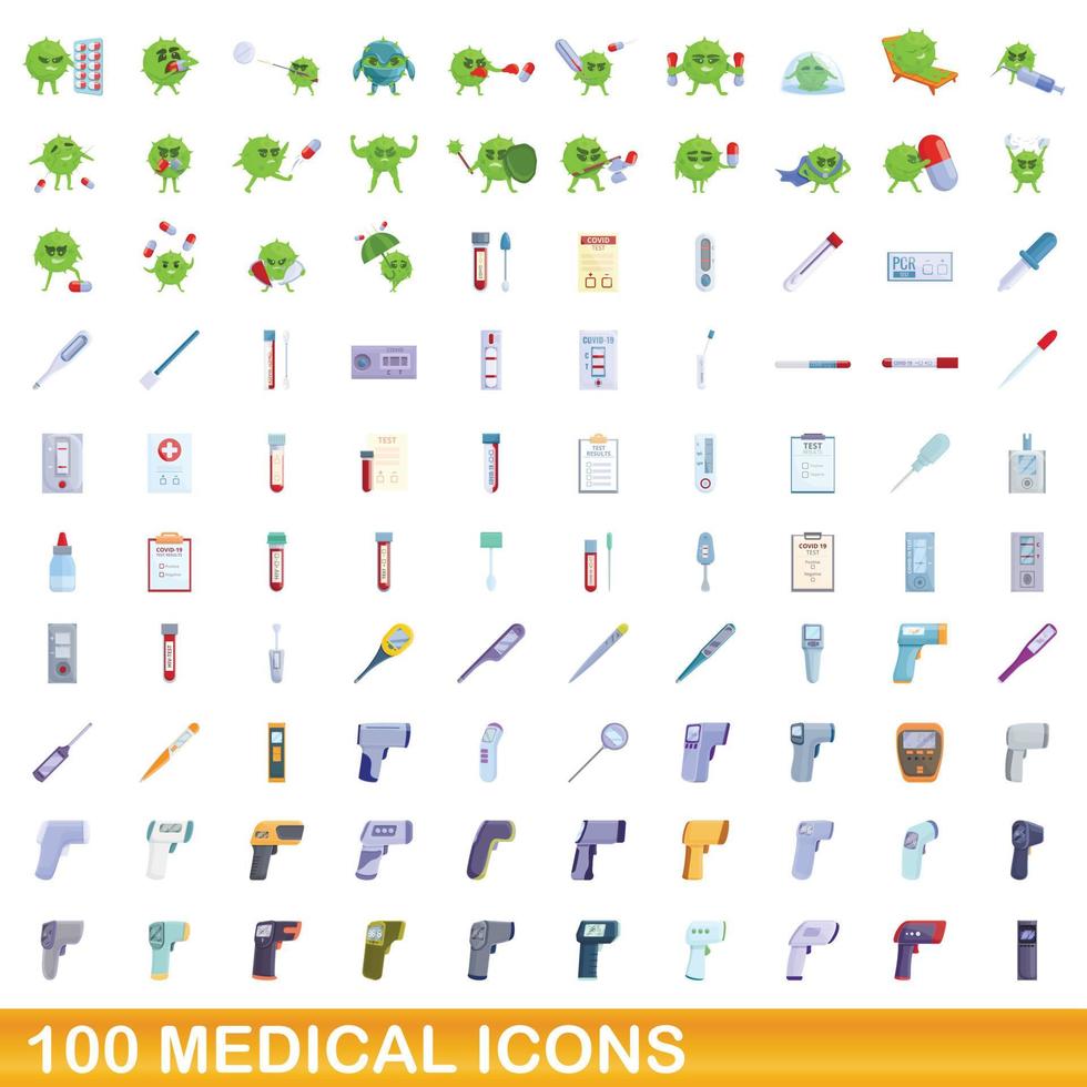 100 medical icons set, cartoon style vector