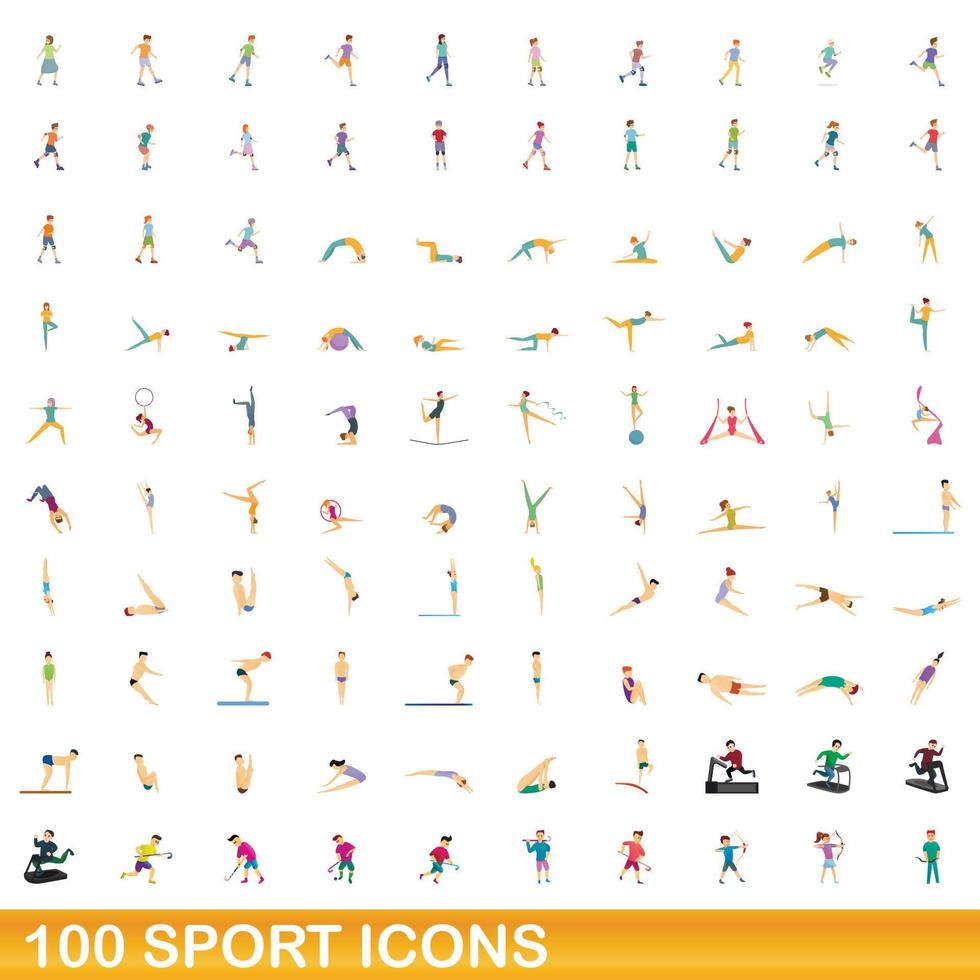 100 iconos deportivos, estilo de dibujos animados vector