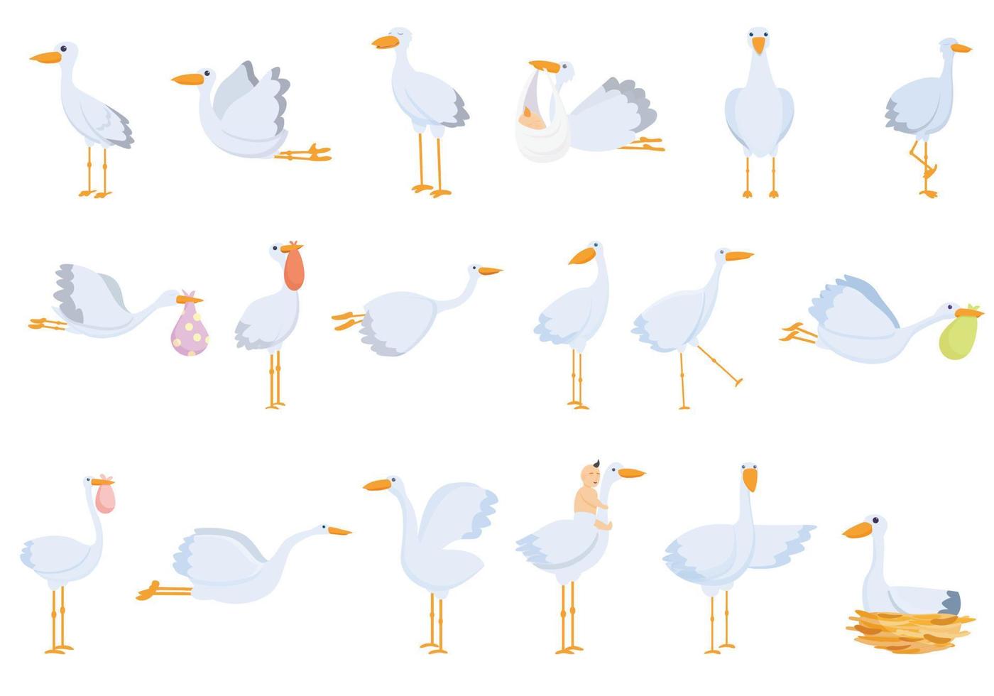 Stork icons set, cartoon style vector