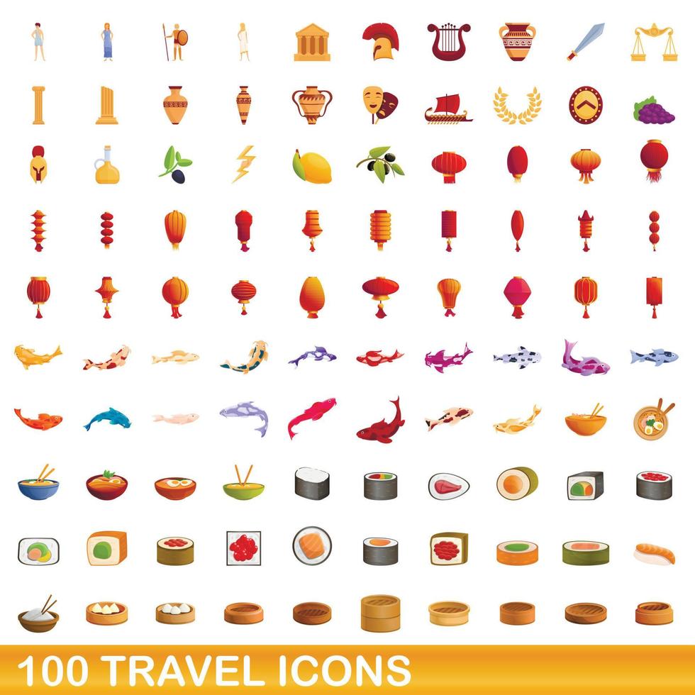 100 travel icons set, cartoon style vector